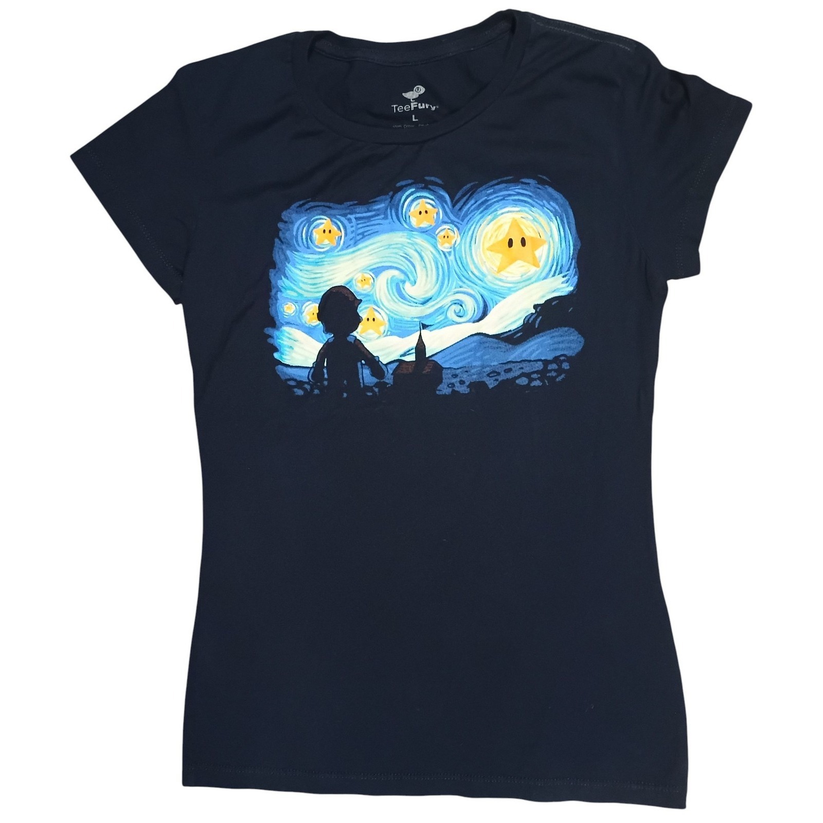 Teefury Super Mario Starry Night Graphic Slim Fit Womens Large T-Shirt